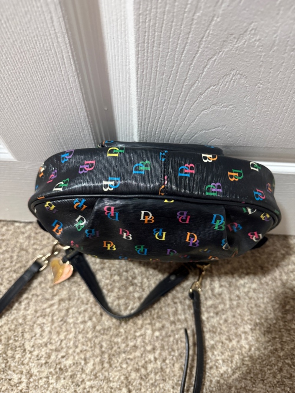 Dooney & Bourke Black Leather Shoulder Bag with Multicolor DB Logos - Picture 4 of 9